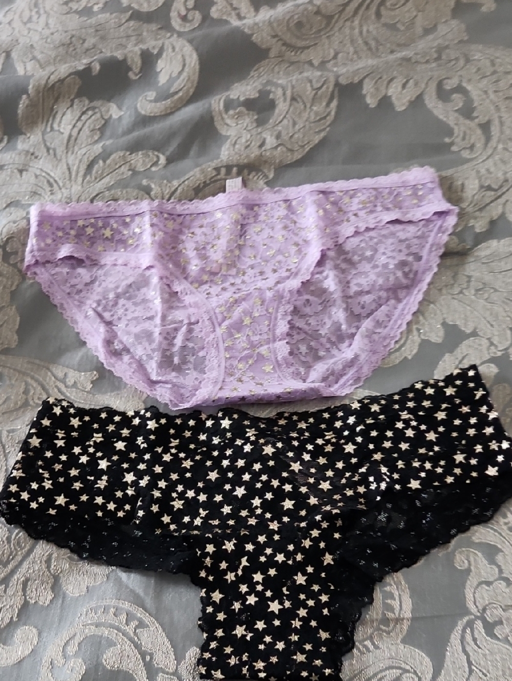 Victoria's Secret Star-Print Lace Bikini Panty Set - Lilac and Black